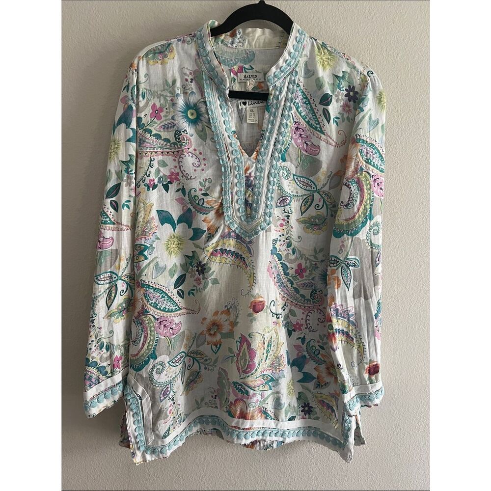 Malvin I Love Linen Floral Paisley Tunic Top Boho Coastal Lightweight XL